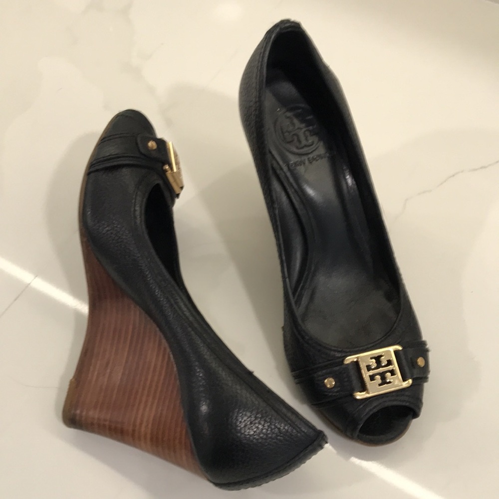 TORY BURCH Black Leather Ambrose Peep Toe Wooden Wedge